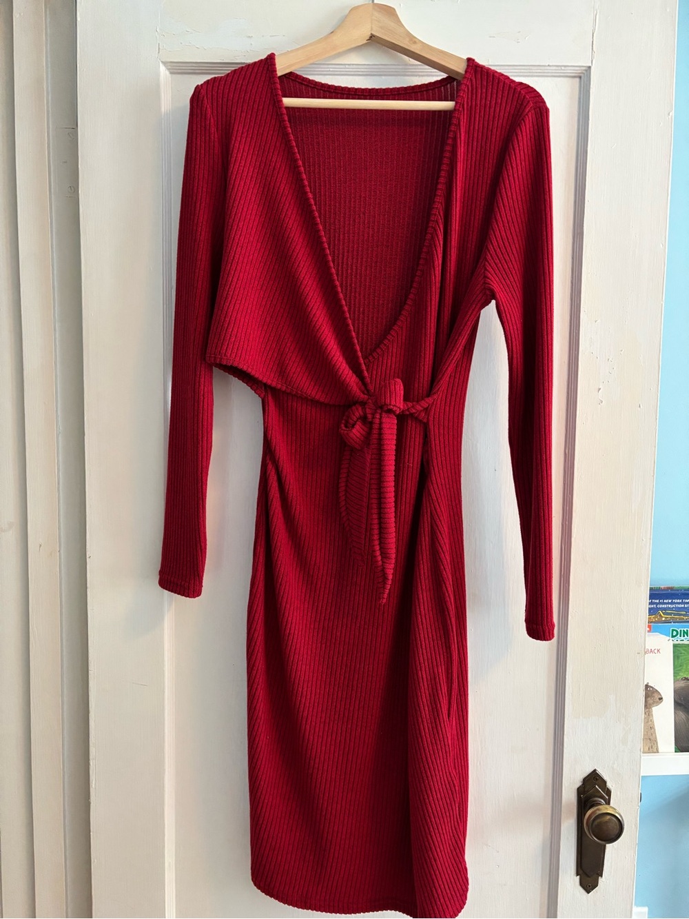 Red Ribbed Wrap Maternity Midi Dress with Tie Waist